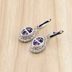 Oval Purple Stones Dangle Earrings Silver Color Jewelry Drop Earring For Women - blue