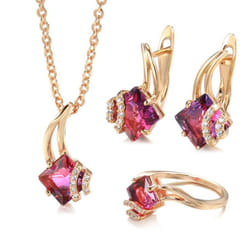 Kinel Shiny Red Natural Zircon Jewelry Sets Rose Gold Color Vintage Necklace Earrings And Ring Sets - 8