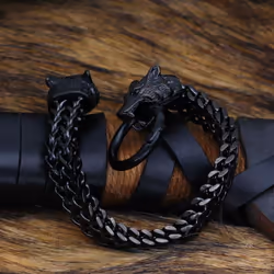 1pc Fashion Stainless Steel Black Golden Bracelet Vintage Viking Wolf Head Bracelet Men's Best Gift Bracelet - black, 23 ...