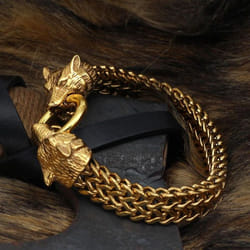 1pc Fashion Stainless Steel Black Golden Bracelet Vintage Viking Wolf Head Bracelet Men&apos;s Best Gift Bracelet - gold, 19cm