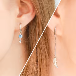 S925 Silver Asymmetric Moonstone Feather Earrings for Women Personality Tassel Ear Line Ear Buckle Luxury Jewelry