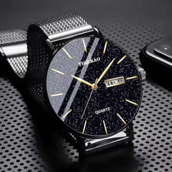 Watch Men&apos;s Waterproof Double Calendar Trend Starry Sky Quartz Watch Luminous New Style - black