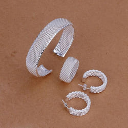925 Silver Christmas Gift Women Lady Net Wedding Party Gifts Bangles Stud Earrings Ring Fashion Fine Jewelry Set S249 - 9