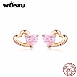 Wostu Genuine 925 Sterling Silver Double Heart Shape Pink Cz Romantic Stud Earrings For Women - golden