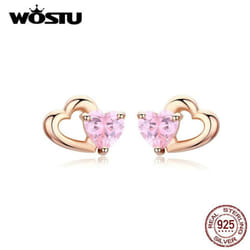 Wostu Genuine 925 Sterling Silver Double Heart Shape Pink Cz  Romantic Stud Earrings For Women - golden