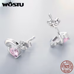 Wostu Genuine 925 Sterling Silver Double Heart Shape Pink Cz  Romantic Stud Earrings For Women - golden