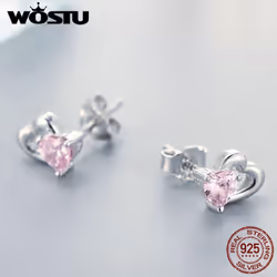 Wostu Genuine 925 Sterling Silver Double Heart Shape Pink Cz  Romantic Stud Earrings For Women - golden