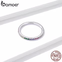 Bamoer 925 Sterling Silver Shiny Colorful Zircon Rainbow Ring Women Stackable Statement Rings - 10