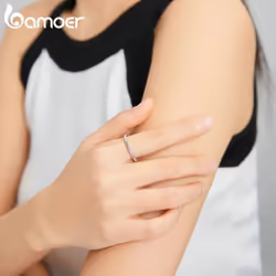 Bamoer 925 Sterling Silver Shiny Colorful Zircon Rainbow Ring Women Stackable Statement Rings - 10