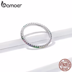 Bamoer 925 Sterling Silver Shiny Colorful Zircon Rainbow Ring Women Stackable Statement Rings - 7