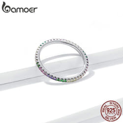 Bamoer 925 Sterling Silver Shiny Colorful Zircon Rainbow Ring Women Stackable Statement Rings - 7