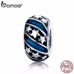 Bamoer Genuine 925 Sterling Silver Sparkling Star Blue Enamel Spacer Beads Fit Women Bracelet