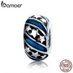 Bamoer Genuine 925 Sterling Silver Sparkling Star Blue Enamel Spacer Beads Fit Women Bracelet