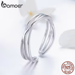 Bamoer Authentic 925 Sterling Silver Geometric Twisted Wave Open Size Finger Rings