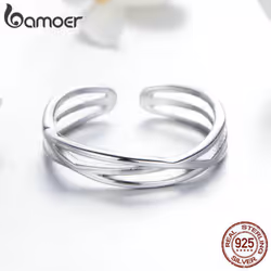 Bamoer Authentic 925 Sterling Silver Geometric Twisted Wave Open Size Finger Rings