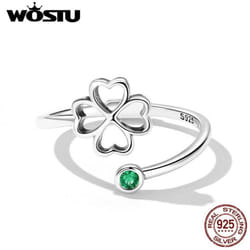 Wostu 925 Sterling Silver Exquisite Zircon Hollow Four-leaf Clover Open Ring For Women Fine Jewelry Gift - silver, 925 silver