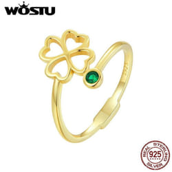 Wostu 925 Sterling Silver Exquisite Zircon Hollow Four-leaf Clover Open Ring For Women Fine Jewelry Gift - gold, B