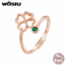 Wostu 925 Sterling Silver Exquisite Zircon Hollow Four-leaf Clover Open Ring For Women Fine Jewelry Gift - rose gold, C