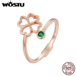 Wostu 925 Sterling Silver Exquisite Zircon Hollow Four-leaf Clover Open Ring For Women Fine Jewelry Gift - rose gold, C