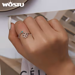 Wostu 925 Sterling Silver Exquisite Zircon Hollow Four-leaf Clover Open Ring For Women Fine Jewelry Gift - rose gold, C