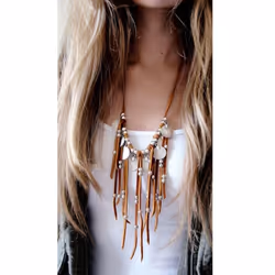 Women Faux Suede Fringe Leather Tassel Charm Long Chain Sweater Layer Necklace