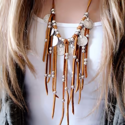 Women Faux Suede Fringe Leather Tassel Charm Long Chain Sweater Layer Necklace