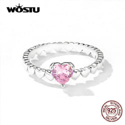 Wostu Delicate Heart Silver Ring Genuine 925 Sterling Silver Pink Zircon Love Rings For Women Fine Jewelry Gift - 6