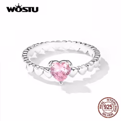 Wostu Delicate Heart Silver Ring Genuine 925 Sterling Silver Pink Zircon Love Rings For Women Fine Jewelry Gift - 8