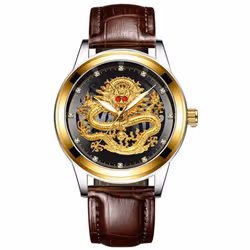 Fashion Casual Men Waterproof Business Quartz Watch Luxury Brand Rhinestone Red Eyes Dragon Relojes - brown,black
