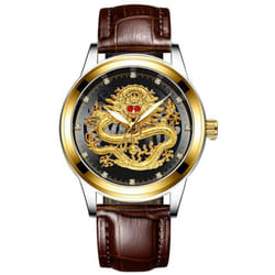 Fashion Casual Men Waterproof Business Quartz Watch Luxury Brand Rhinestone Red Eyes Dragon Relojes - brown,black