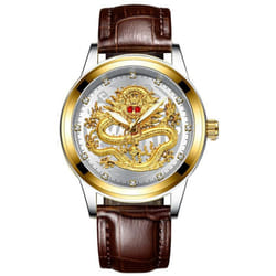 Fashion Casual Men Waterproof Business Quartz Watch Luxury Brand Rhinestone Red Eyes Dragon Relojes - brown,white