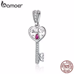 Bamoer 100% 925 Sterling Silver Happiness Key Heart Shape Pendant Charm Fit Women Bracelets