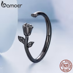 Bamoer Engraved Pattern Ring Real 925 Sterling Silver The Rose Adjustable Size Rings For Women - black, 925 silver