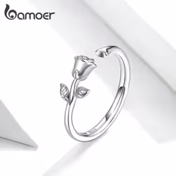 Bamoer Engraved Pattern Ring Real 925 Sterling Silver The Rose Adjustable Size Rings For Women - black, 925 silver