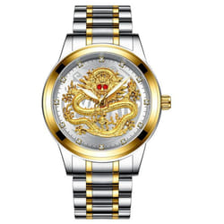 Fashion Casual Men Waterproof Business Quartz Watch Luxury Brand Rhinestone Red Eyes Dragon Relojes - gold,white