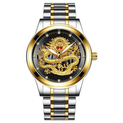 Fashion Casual Men Waterproof Business Quartz Watch Luxury Brand Rhinestone Red Eyes Dragon Relojes - gold,black