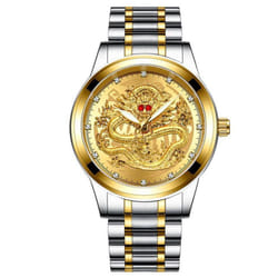 Fashion Casual Men Waterproof Business Quartz Watch Luxury Brand Rhinestone Red Eyes Dragon Relojes - gold,gold