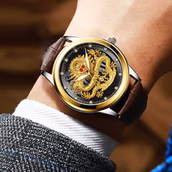 Fashion Casual Men Waterproof Business Quartz Watch Luxury Brand Rhinestone Red Eyes Dragon Relojes - gold,gold