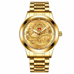 Fashion Casual Men Waterproof Business Quartz Watch Luxury Brand Rhinestone Red Eyes Dragon Relojes - gold,gold