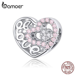 Bamoer Heart Shape Charm Fit Original Silver 925 Bracelet Pink Cz Heart In Heart Love Openwork Beads - LCC6306