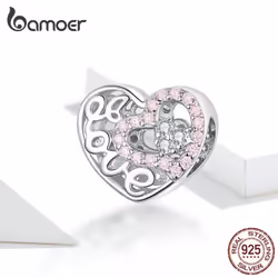 Bamoer Heart Shape Charm Fit Original Silver 925 Bracelet Pink Cz Heart In Heart Love Openwork Beads - LCC6306