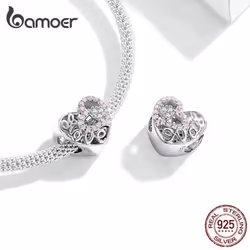 Bamoer Heart Shape Charm Fit Original Silver 925 Bracelet Pink Cz Heart In Heart Love Openwork Beads - LCC6306