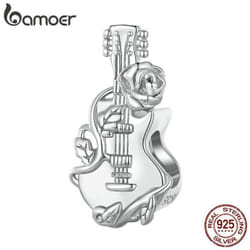 Bamoer 925 Sterling Silver Guitar Charm Bead Vintage Musical Note Pendant Plated Platinum Fit Woman Bracelet Necklace Jewelry - C