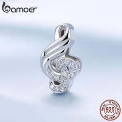 Bamoer 925 Sterling Silver Guitar Charm Bead Vintage Musical Note Pendant Plated Platinum Fit Woman Bracelet Necklace Jewelry - B