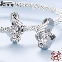 Bamoer 925 Sterling Silver Guitar Charm Bead Vintage Musical Note Pendant Plated Platinum Fit Woman Bracelet Necklace Jewelry - B