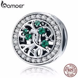 Bamoer Genuine 925 Sterling Silver Tree Of Life Beads Green Cz Charm Fit Women Bracelets