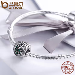 Bamoer Genuine 925 Sterling Silver Tree Of Life Beads Green Cz Charm Fit Women Bracelets