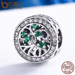 Bamoer Genuine 925 Sterling Silver Tree Of Life Beads Green Cz Charm Fit Women Bracelets