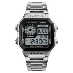 Men Digital Watch Stopwatch Countdown Alarm Luminous Watch - silver