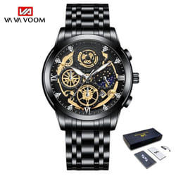 Va Va Voom Fashion Luminous Quartz Watches Men Business Watch Male Stainless Steel Mesh Belt Skeleton Quartz Wrist Watch Relog - black, With Packaging